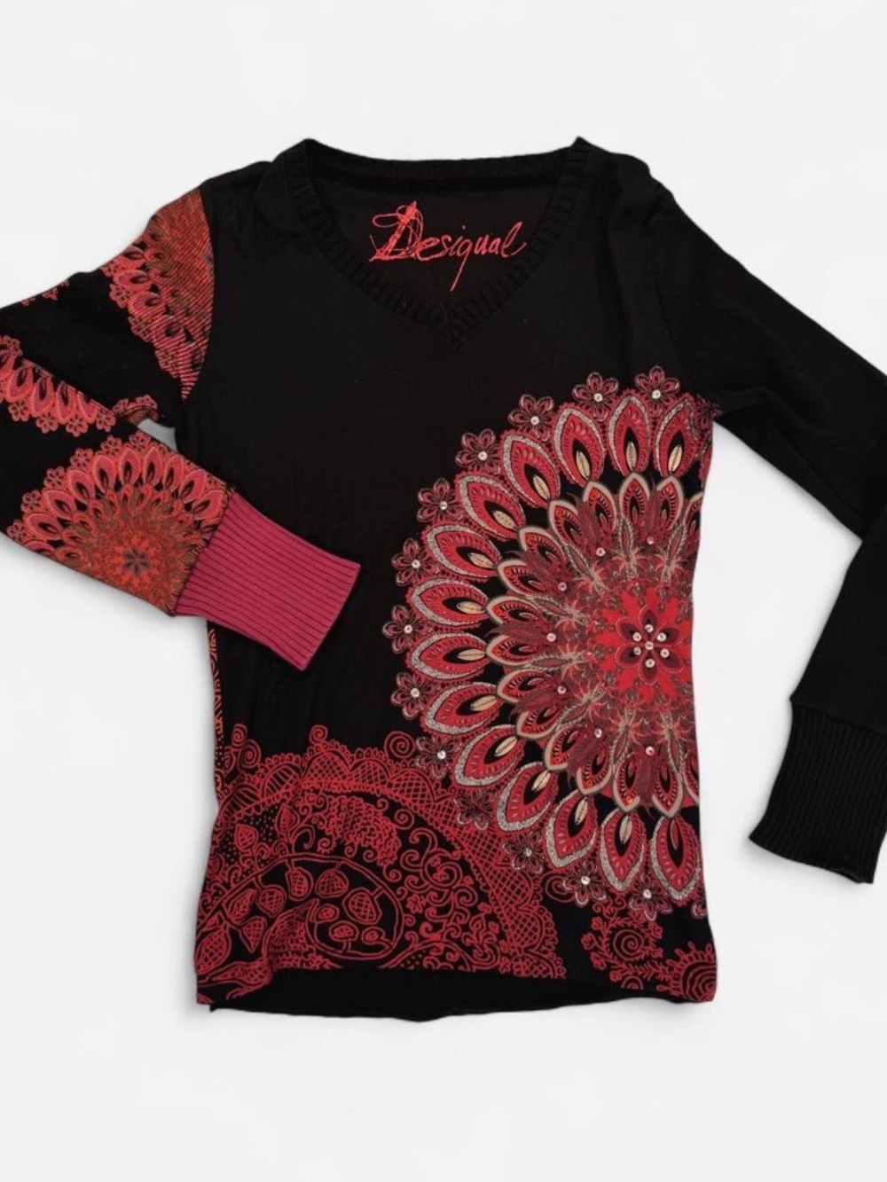 Desigual Embellished Mandala Long Sleeve Top Black Red Pink Size L – Retail $115